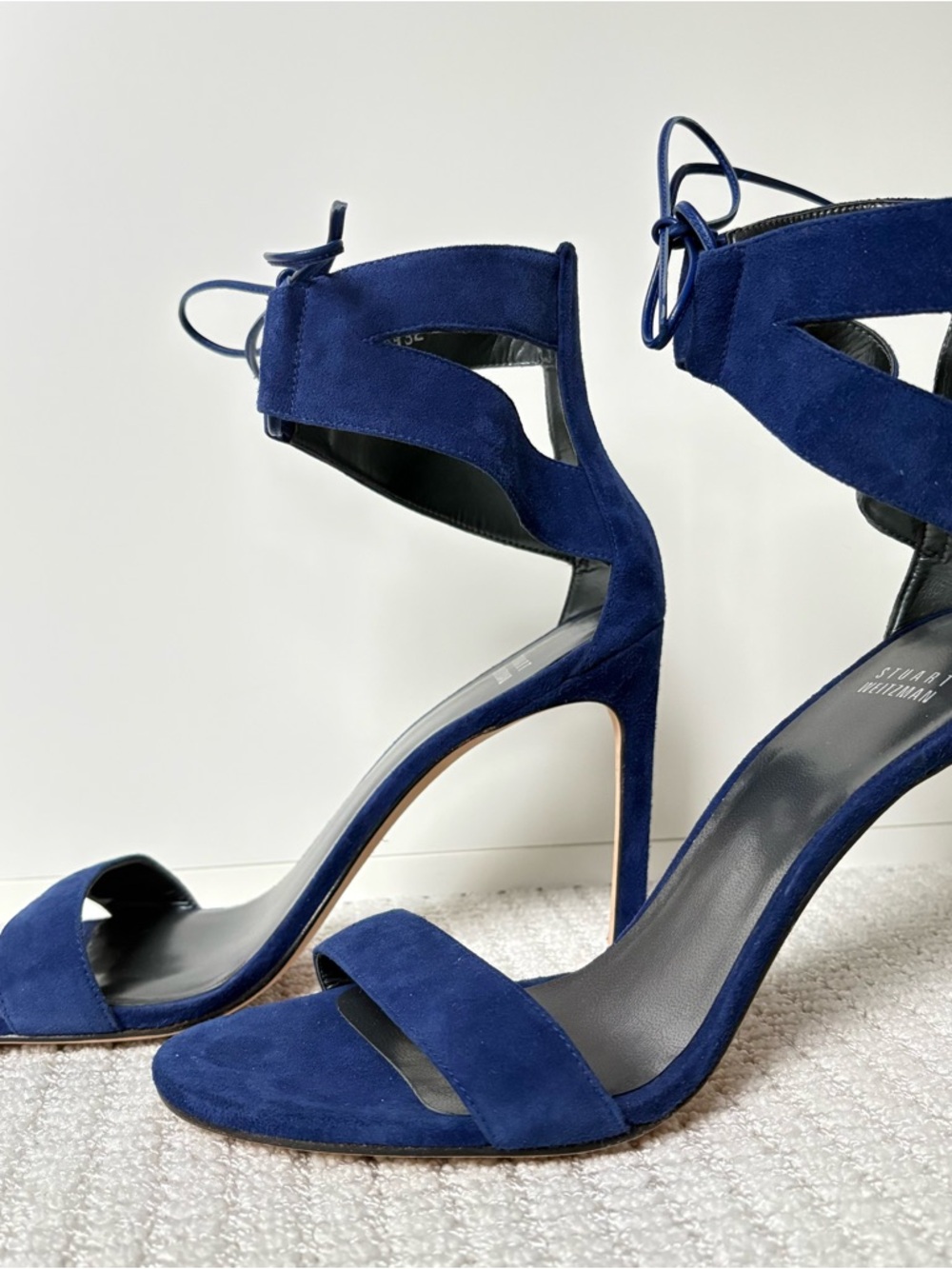 Stuart Weitzman Navy Suede Ankle-Tie Stiletto Sandals